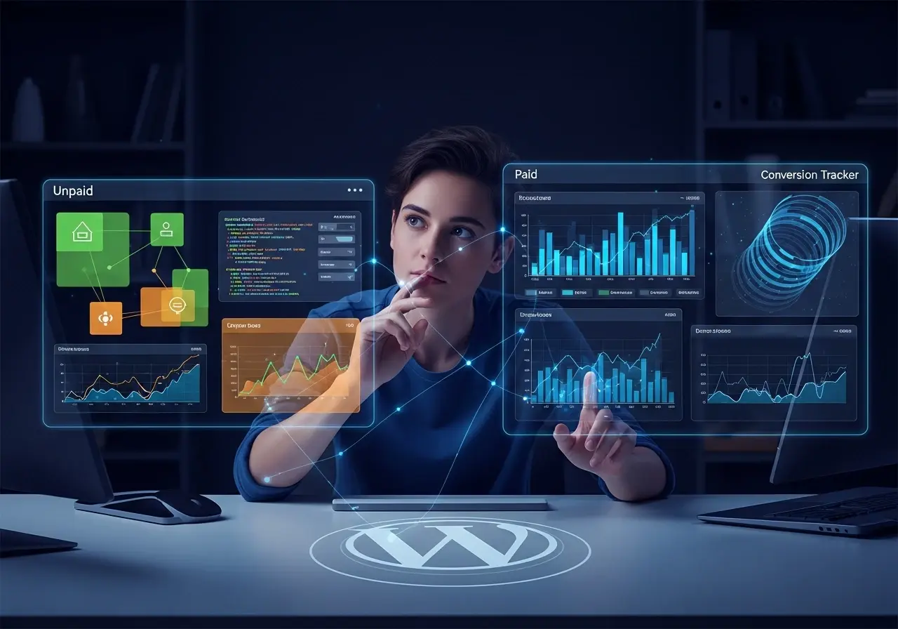 Nainen istuu työpöydällä, jossa on kannettava tietokone ja näyttö, joka esittää graafeja